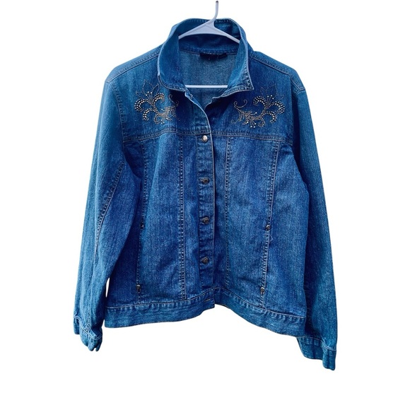 Embellished Blue Denim Jean Jacket Women’s Size Large w. Gold Dotted Design - Picture 4 of 5